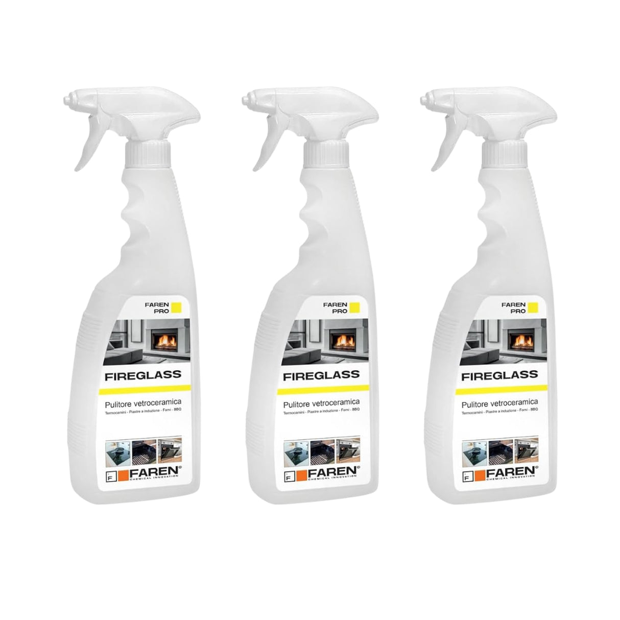 3 Flaconi di Pulitore Vetroceramica Termocamino Piastre e Forni da 750ml | Faren Fireglass | 3 x 750ml