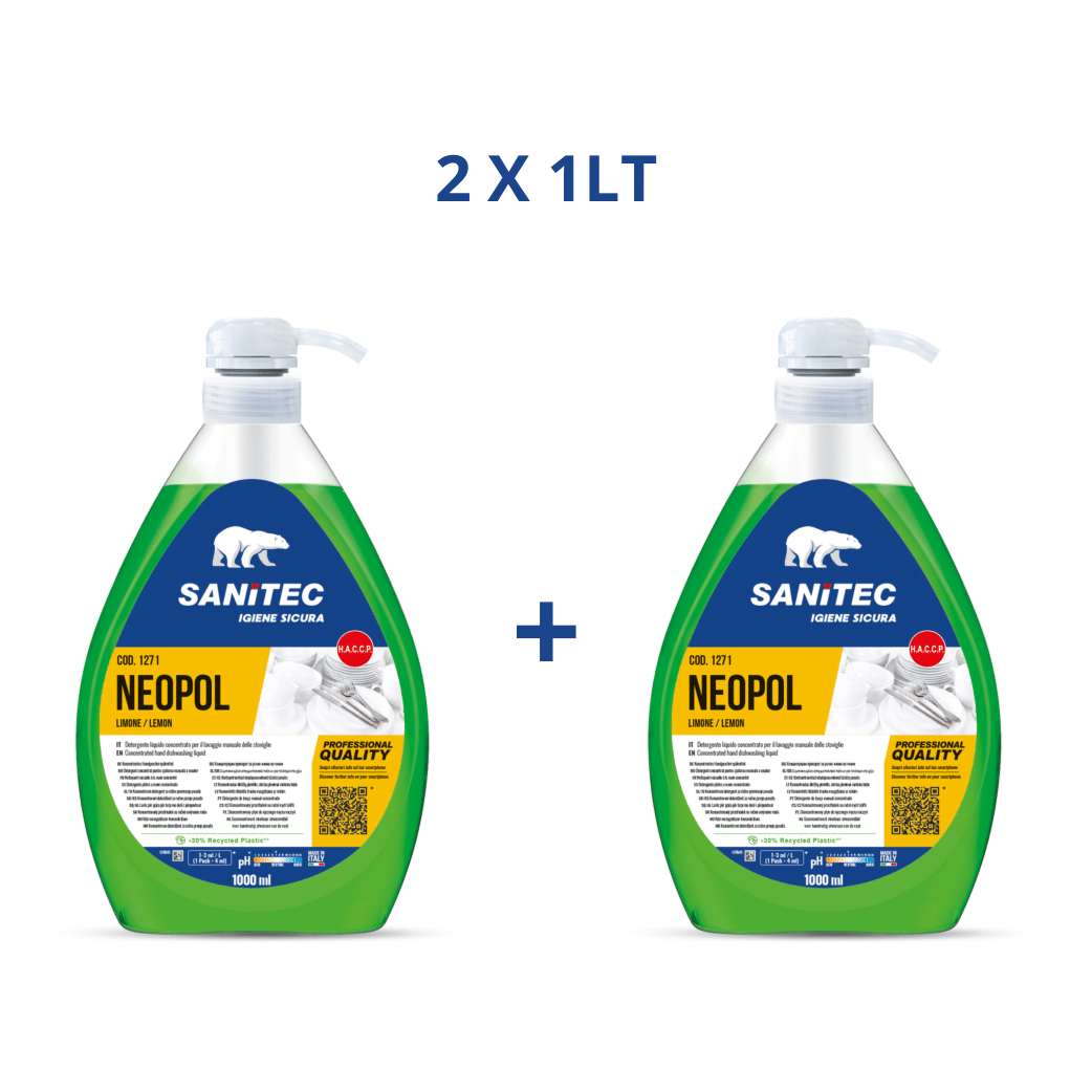 2 Flaconi di Liquido Lavapiatti da 1 Litro | Sanitec Neopol Limone | 2 x 1LT
