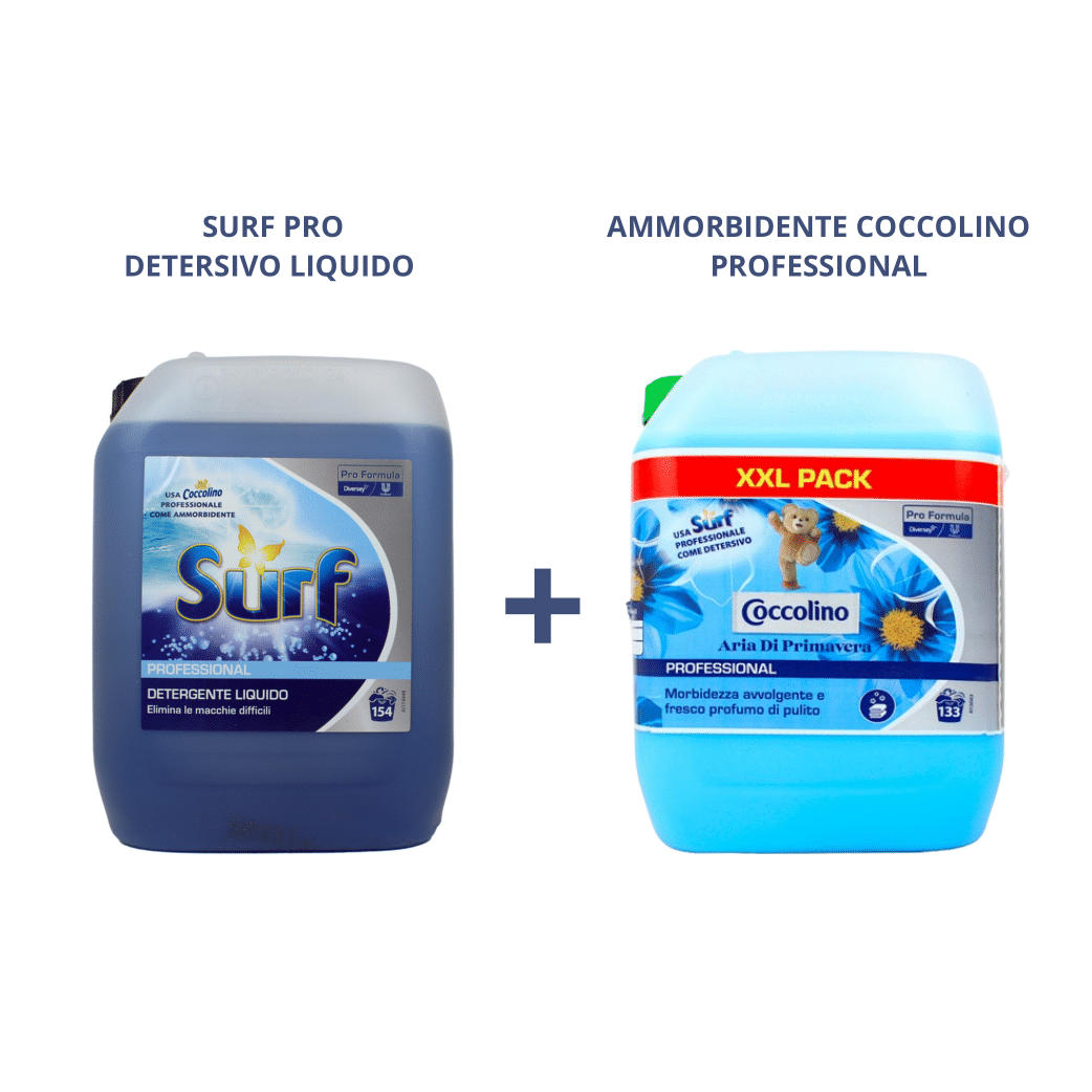 Combo Detersivo più Ammorbidente 20 Litri Surf e Coccolino XXL - 2 Taniche da 10 litri