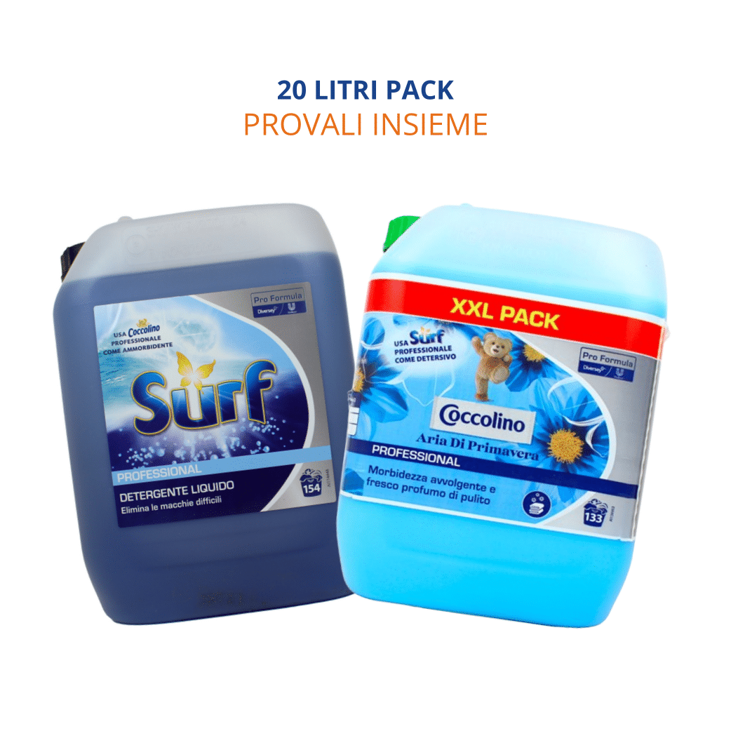 Combo Detersivo più Ammorbidente 20 Litri Surf e Coccolino XXL - 2 Taniche da 10 litri