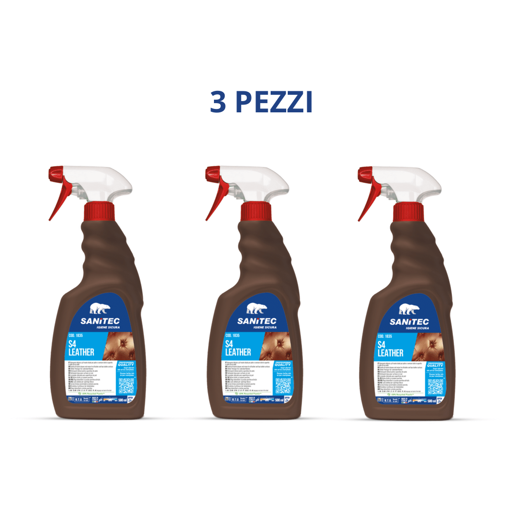 3 Flaconi di Detergente per Superfici in Pelle da 500ml | Sanitec S4 | 3 x 500ml