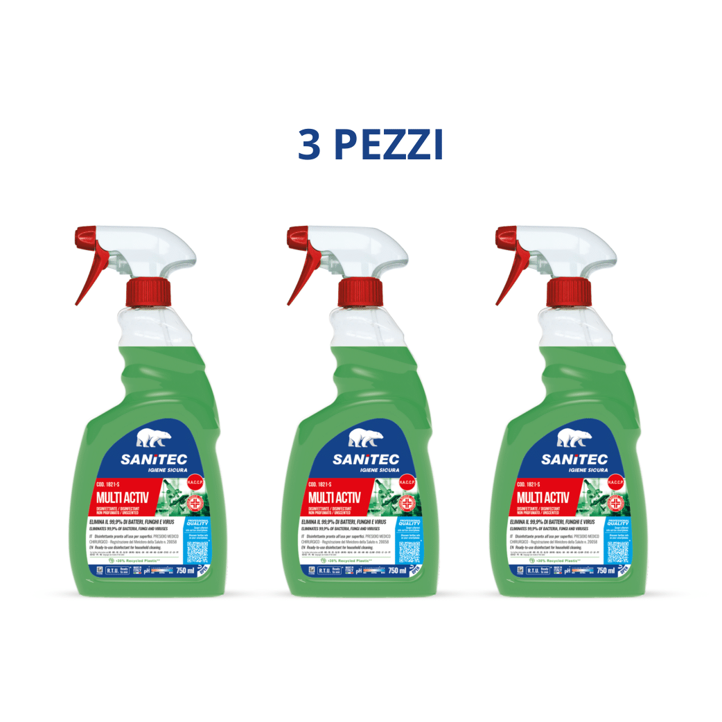 3 Flaconi di Disinfettante Multiuso da 750 ml | Sanitec Multiactiv | 3 x 750ml