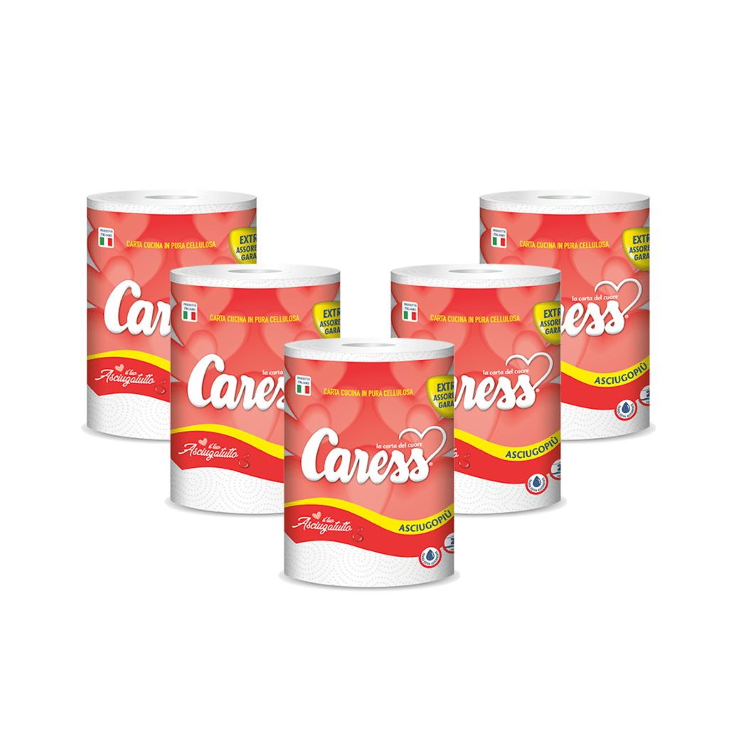 5 Rotoli Cucina Asciugatutto in Cellulosa Ultra Assorbente Rotoloni 2 Veli - Caress