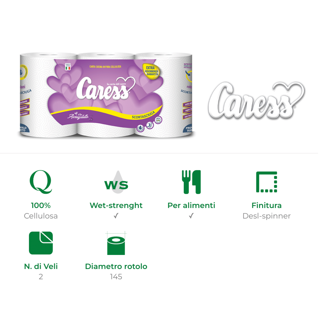 9 Rotoloni Cucina Asciugatutto Assorbenti Doppio Velo in Pura Cellulosa - Caress